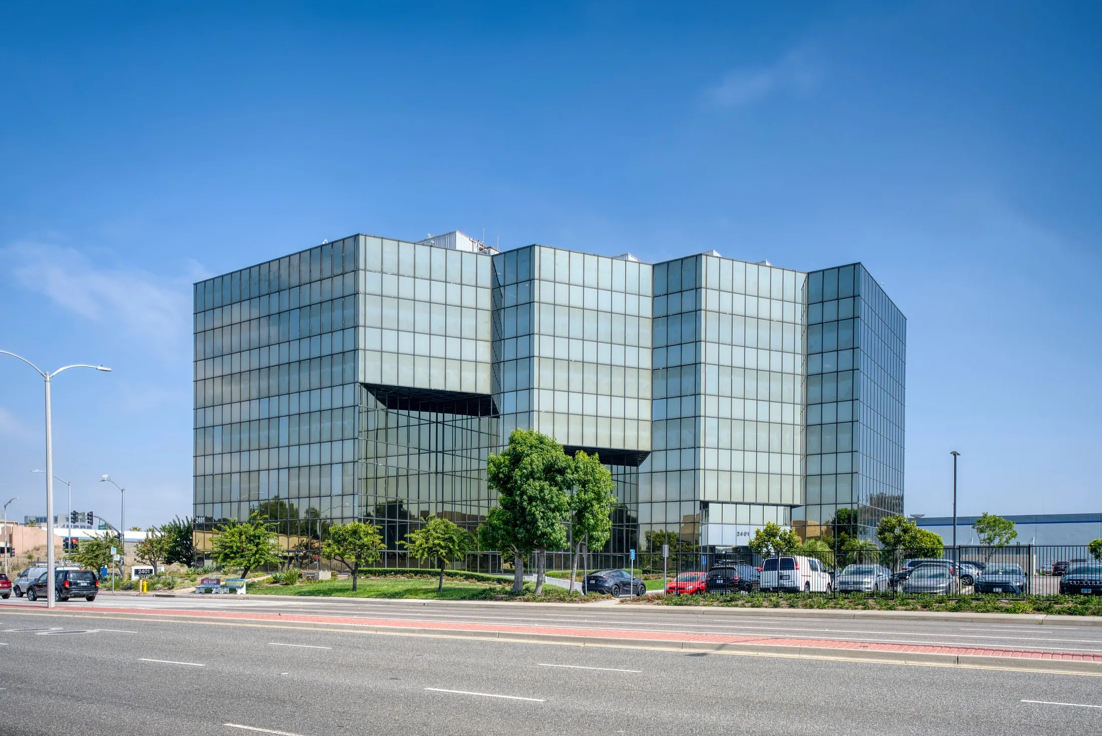 Elevation of the glass office tower at 2401 E. El Segundo Blvd, El Segundo, California.