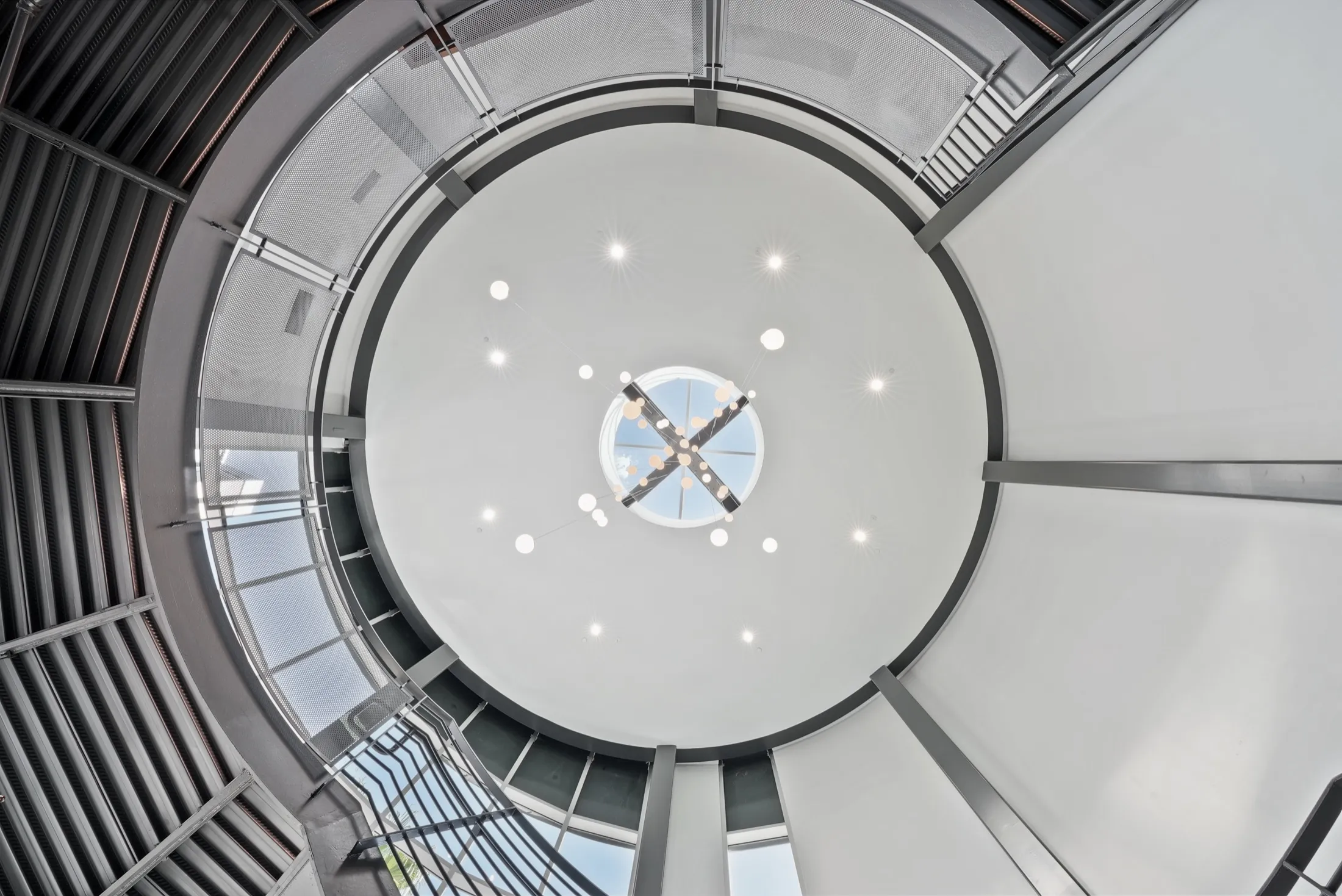 The skylight at the top of the stair tower at 4475 Executive Drive, San Diego, shot straight up