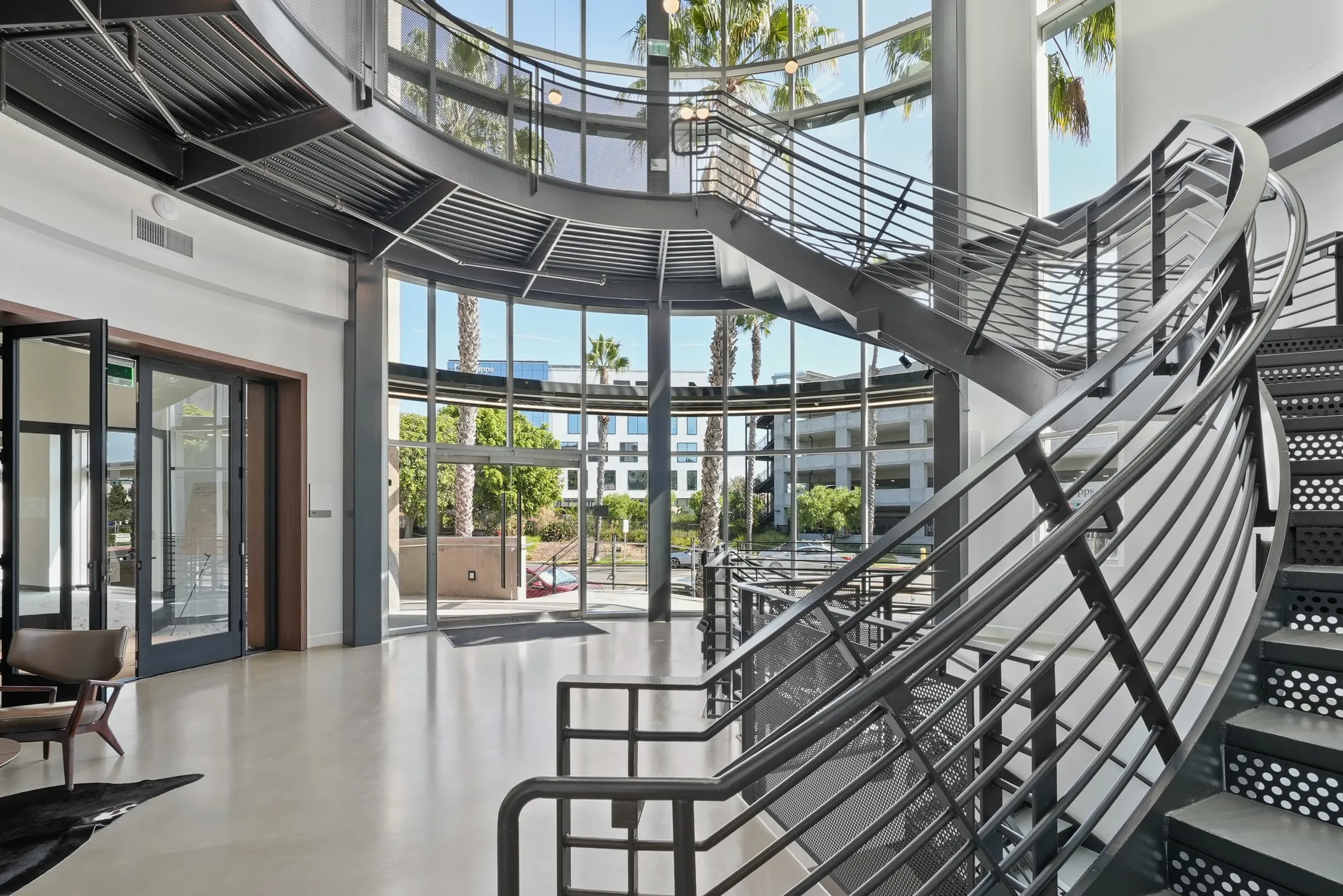 Lobby and circular stair tower at 4475 Executive Drive, San Diego