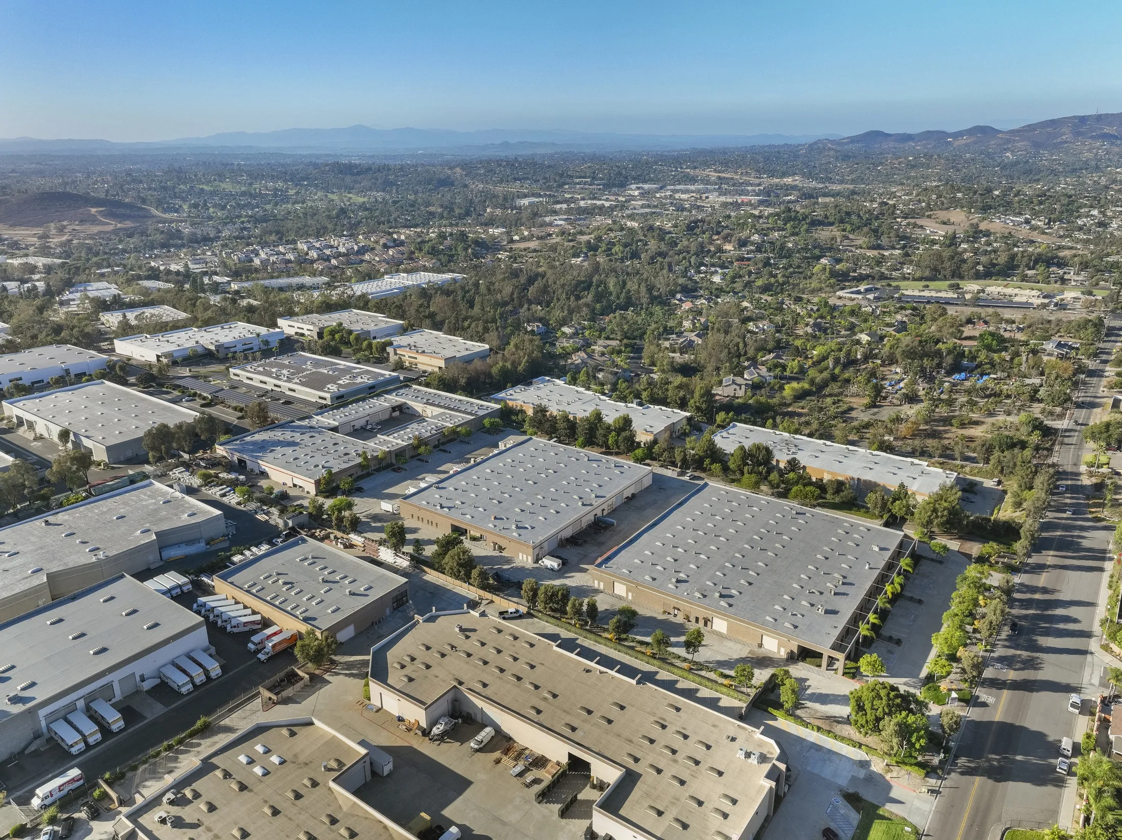 Aerial view of the three-building Century Industrial Center park in Vista, California.