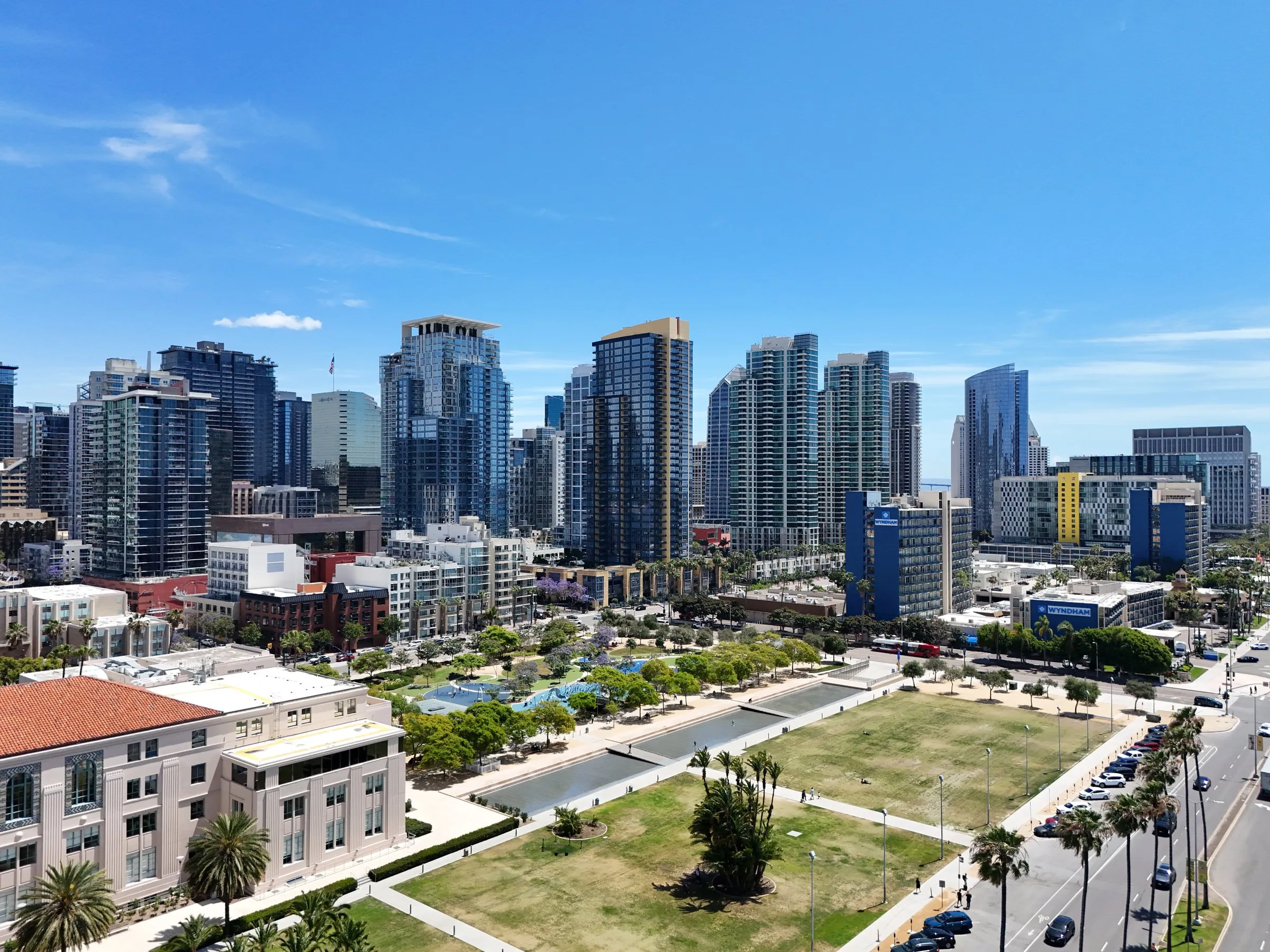 Downtown San Diego towers and a park from the air