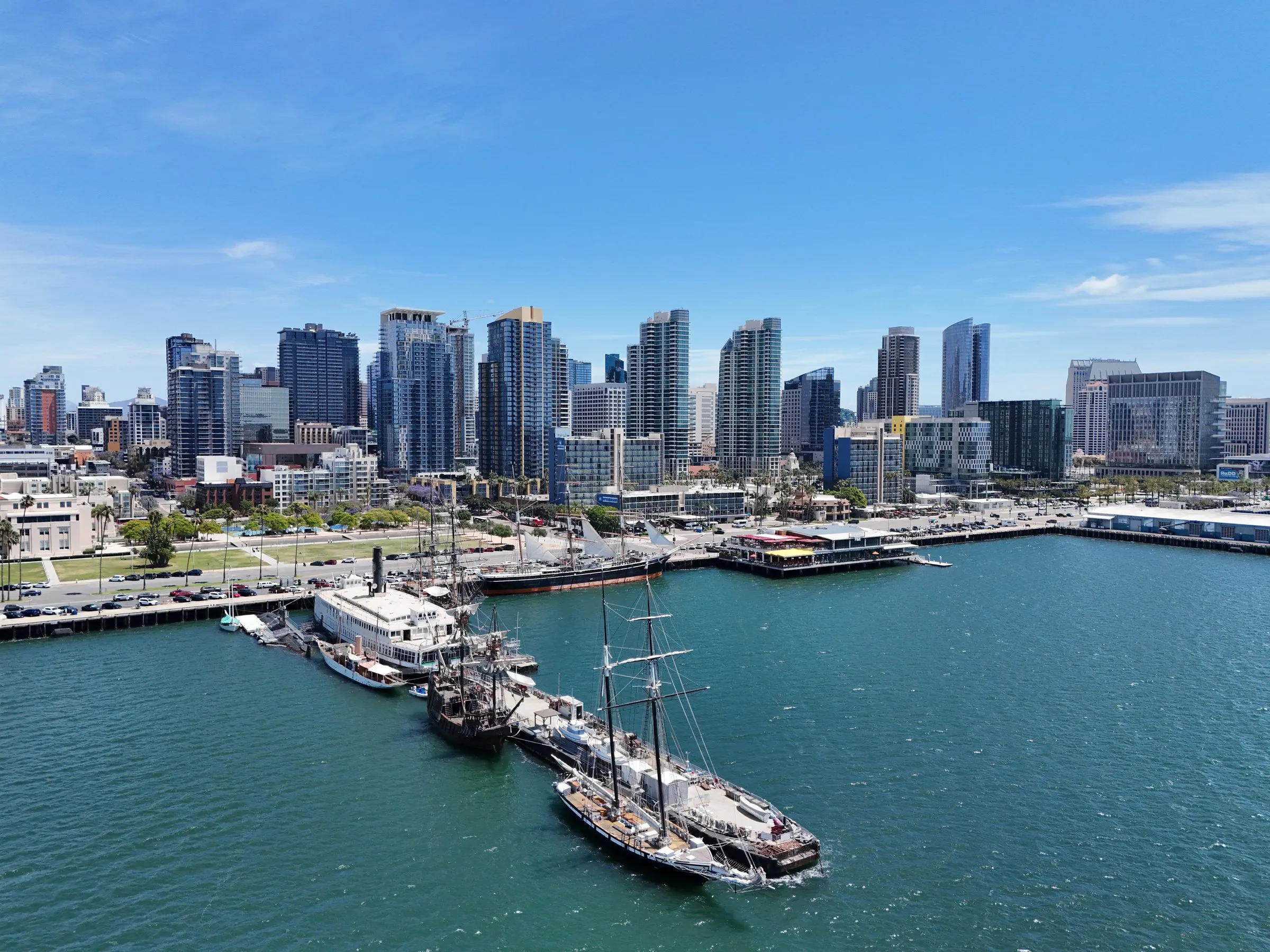 Downtown San Diego from over the bay, the Embarcadero and the towers behind it
