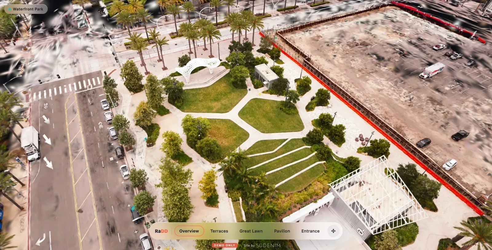 The 3D model of RaDD Park on the San Diego waterfront, with its tour stops along the bottom: Overview, Terraces, Great Lawn, Pavilion, Entrance